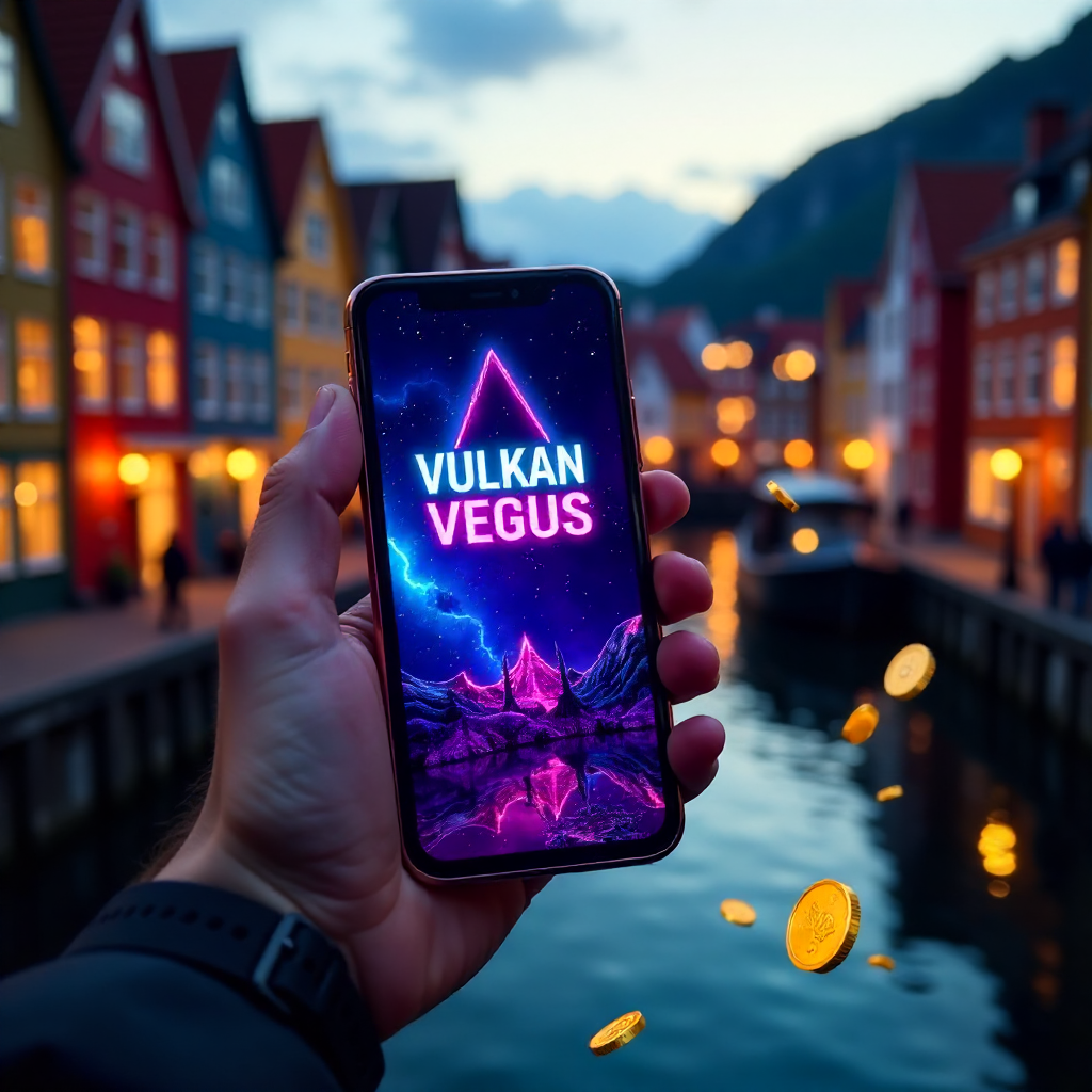 A hand holding a high-end smartphone with Vulkan Vegas colorful interface, background featuring the iconic Opera House in Oslo or the colorful wooden houses of Bryggen in Bergen. Neon blue and violet brand colors, 3D flying golden coins and vibrant casino